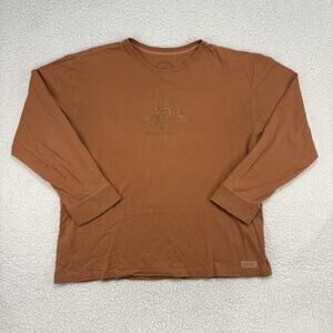 Life is Good Happy Hour Long Sleeve Hiking Dog Bonfire Orange Mens Medium FLAWS